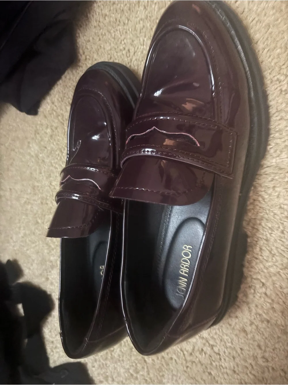 Jenn Ardor Glossy Wine-Colored Patent Leather Penny Loafers